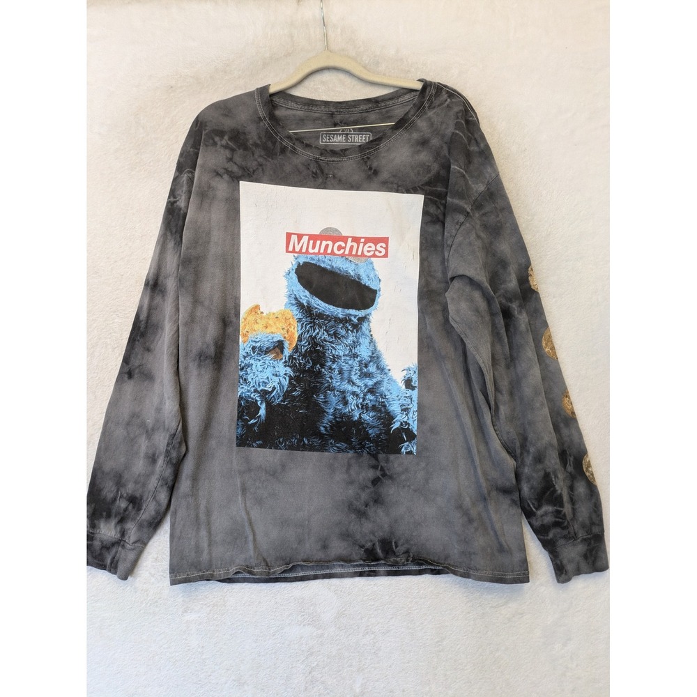 Sesame Street Long Sleeve T-Shirt Men's Medium Gray Tie Dye Cookie Monster